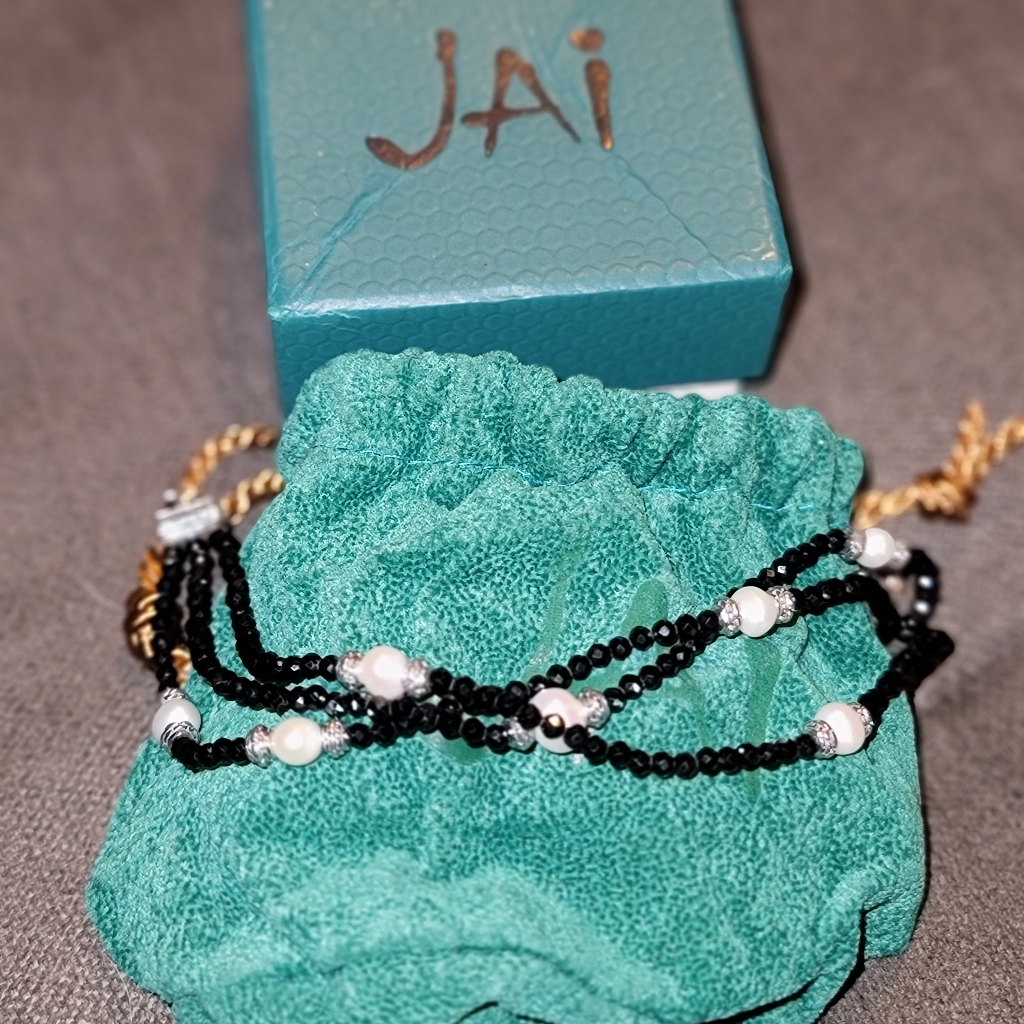 Jai Sterling Silver Black Spinel & Cultured Pearl Bracelet
